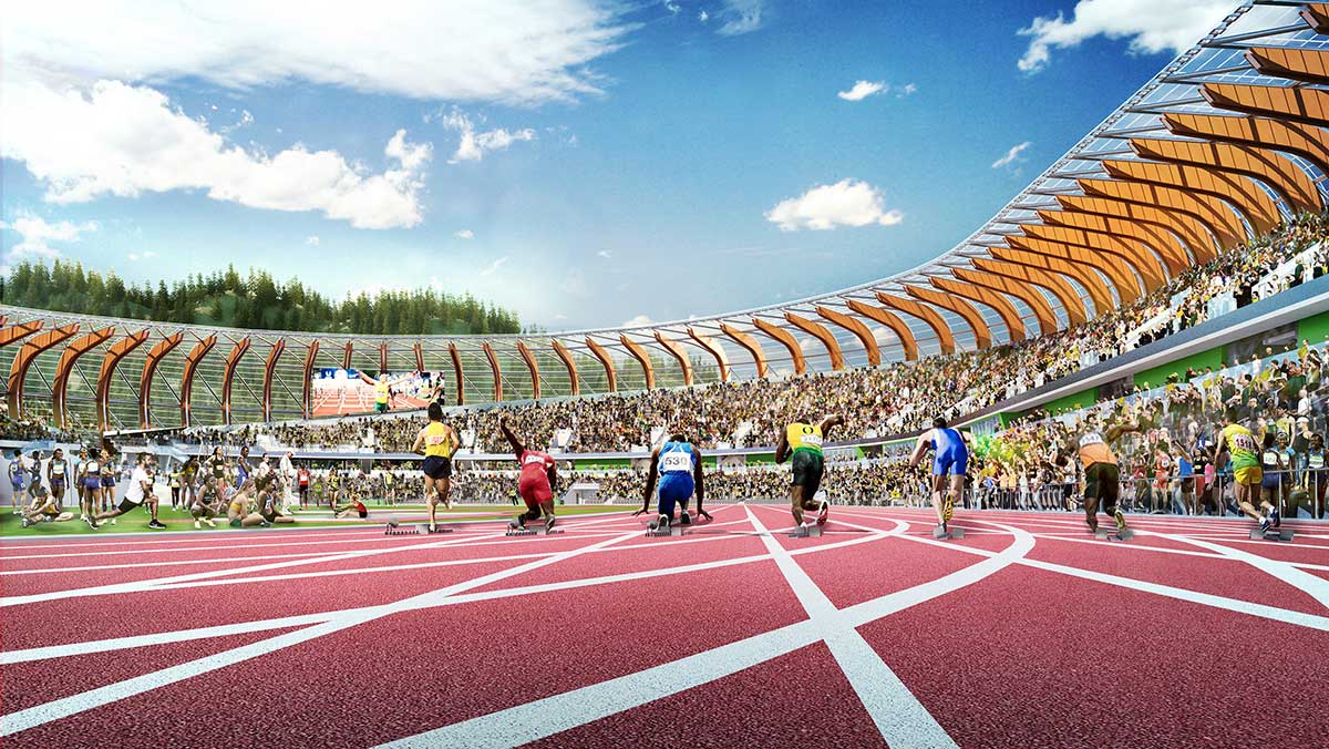 A rendering of what the view from the track will look like at the new Hayward Field. (Courtesy of UO)