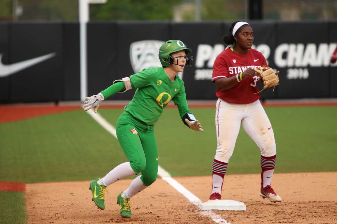 Oregon infielder Jenna Lilley (00) stays on her toes as she waits to run home. The Oregon Ducks play the Stanford Cardinals at Jane Sanders Stadium in Eugene, Ore. on Friday April 20, 2018. (Kiara Green/Emerald)