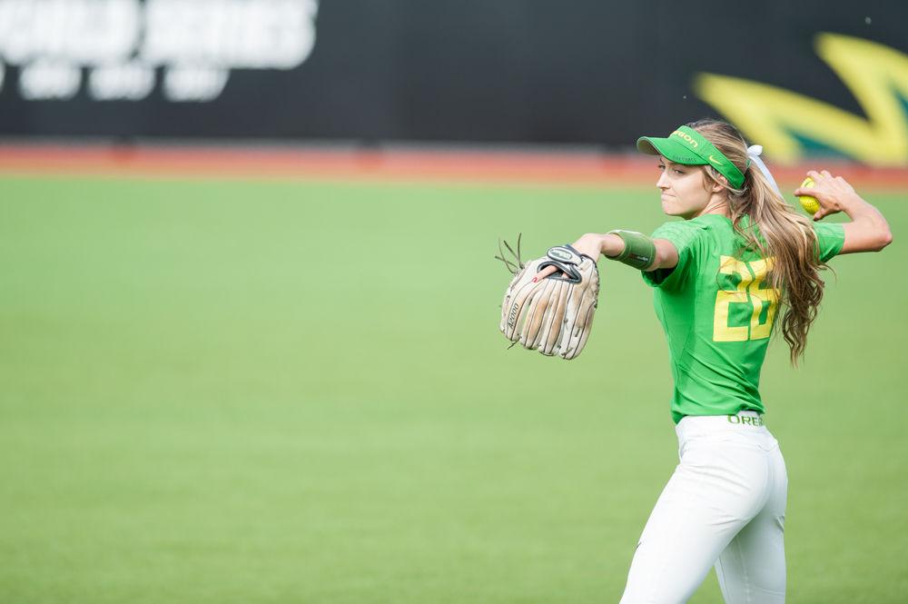 Ducks outfielder Haley Cruse (26) warms up before the 5th inning. The Oregon Ducks play the Drake Bulldogs at Jane Sanders Stadium in Eugene, Ore. on Saturday May 19th, 2018. (Ben Green/Emerald)