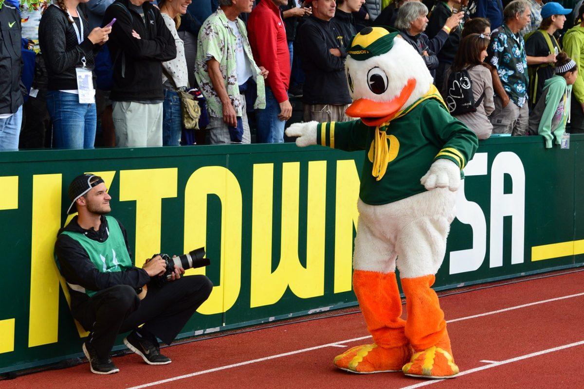 Oregon track and field creative director Josh Phillips on the job at Hayward Field. (photo courtesy of Josh Phillips)