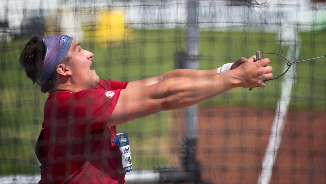 Alabama thrower Daniel Haugh spins with the hammer. The NCAA Track &amp; Field National Championships are held at Hayward Field in Eugene, Ore. on Wednesday, June 6, 2018. (Adam/Emerald)