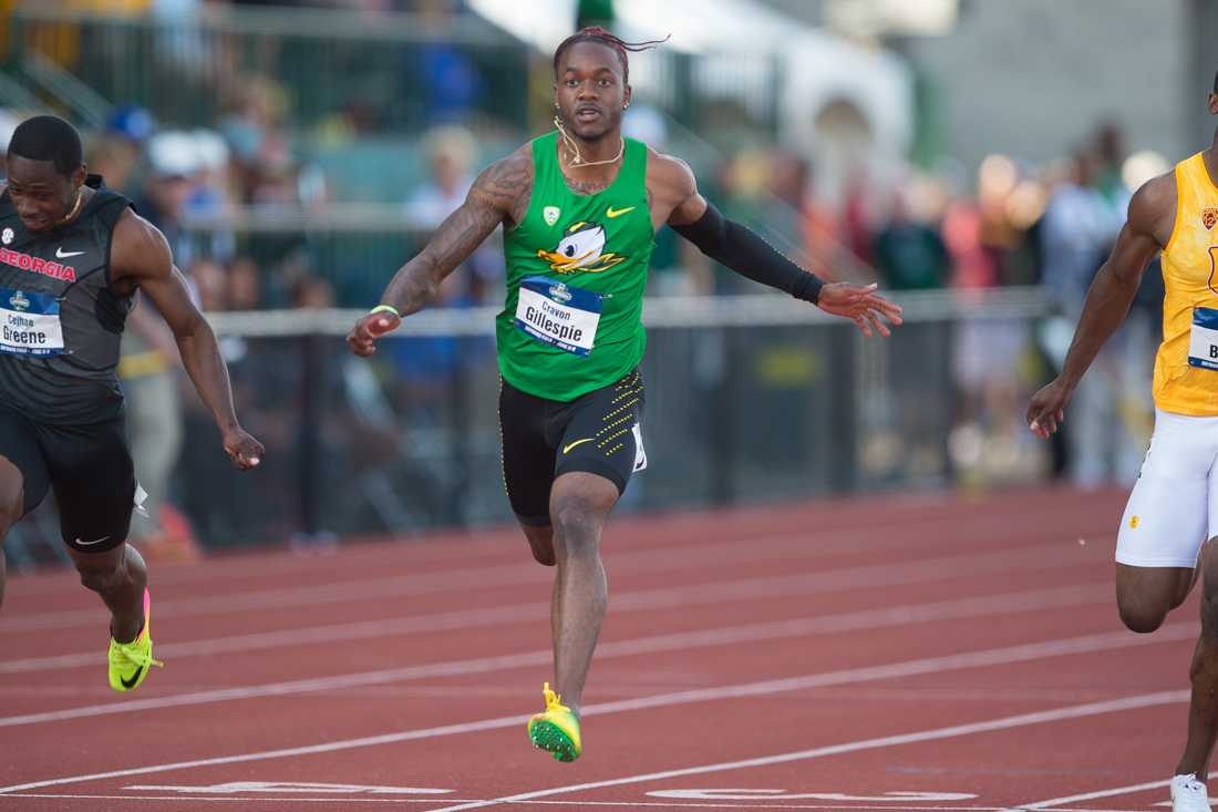 <p>Oregon sprinter Cravon Gillespie crosses the finish line in the 100m prelim. The NCAA Track & Field National Championships are held at Hayward Field in Eugene, Ore. on Wednesday, June 6, 2018. (Adam/Emerald)</p>