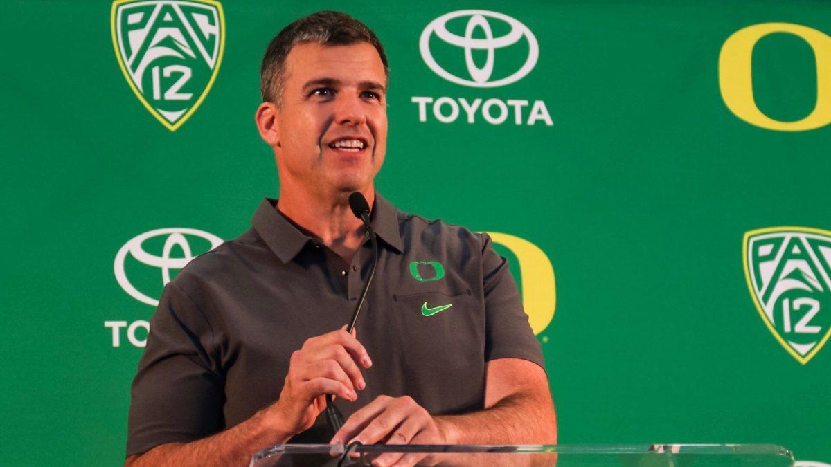 Oregon Head Coach Mario Cristobal answers questions at the 2018 Football Media Day on Aug. 5. (Sarah Northrop/Emerald)