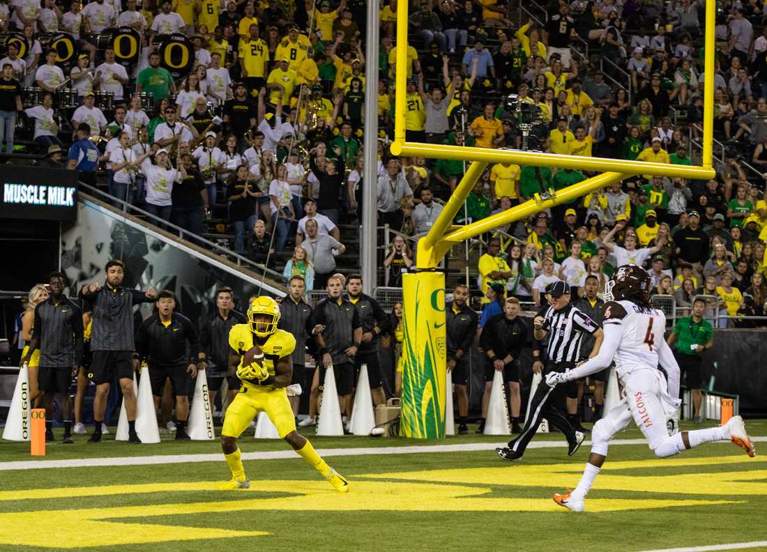 Oregon Ducks wide receiver Jaylon Redd (30) scores a touchdown. Oregon Ducks Football hosts Bowling Green in home opener at Autzen Stadium in Eugene, Ore. on Saturday, September 1, 2018. (Rylee Marron/Emerald)