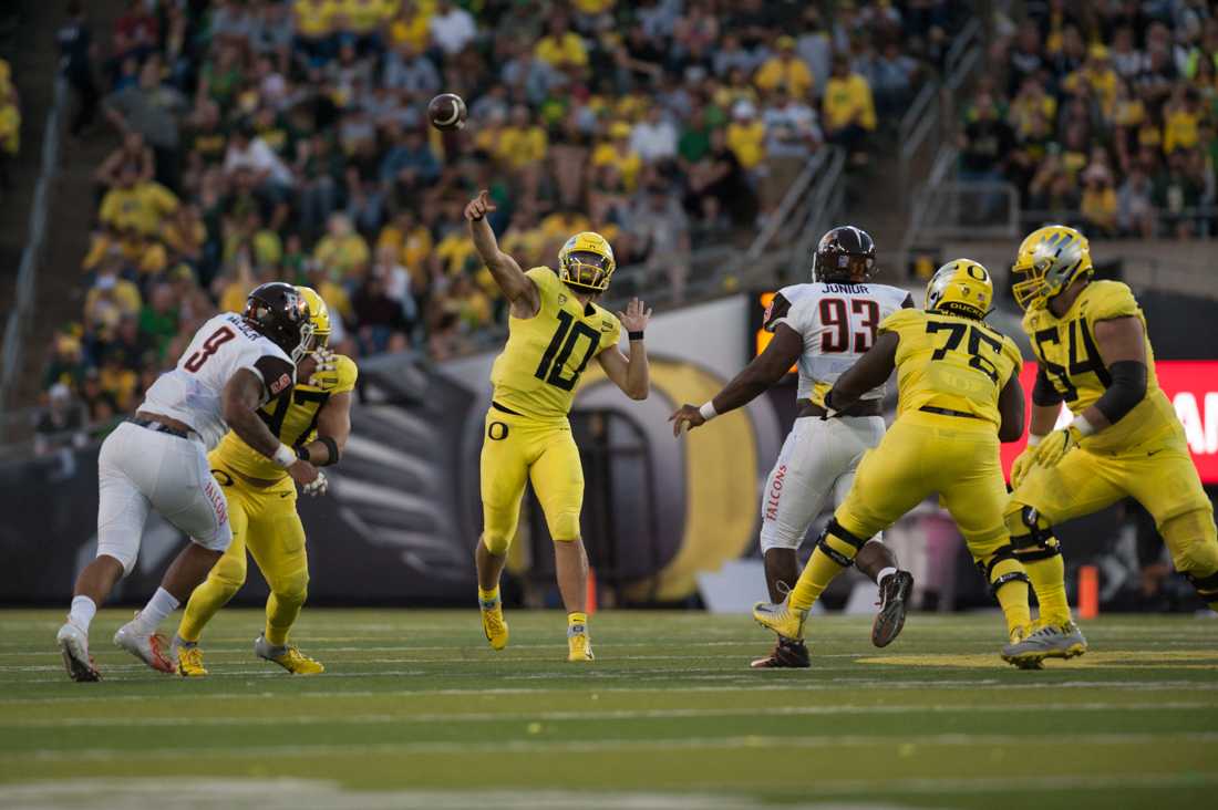 Oregon Ducks quarterback Justin Herbert (10) throws the ball. Oregon Ducks Football hosts Bowling Green in home opener at Autzen Stadium in Eugene, Ore. on Saturday, September 1, 2018. (Devin Roux/Emerald)