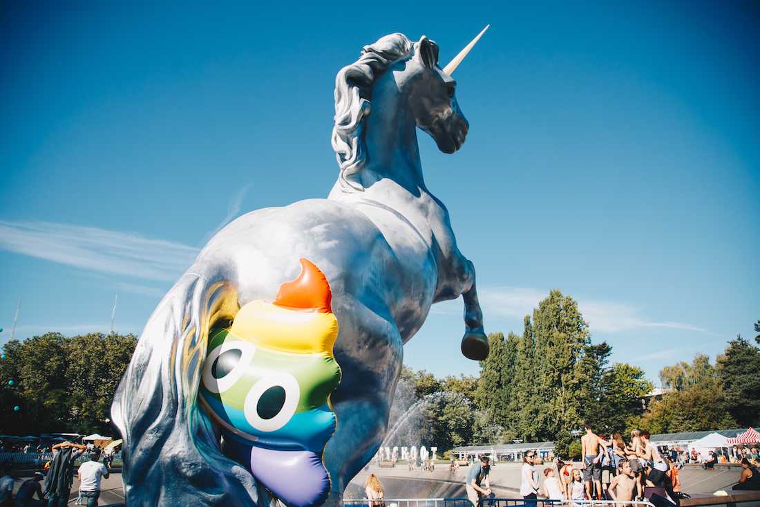 Someone pranked the festival&#8217;s unicorn statue between days two and three. Day three of 2018 Bumbershoot closes out the festival weekend on Sept. 2, 2018. (Sarah Northrop/Emerald)