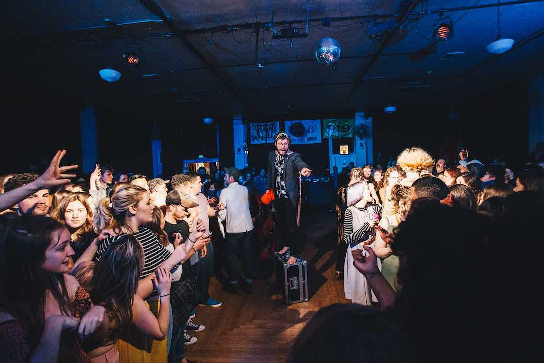 Stelth Ulvang helps clear the dance floor for Wild Child&#8217;s Kelsey Wilson. Wild Child brings &#8216;Expectations&#8217; to W.O.W. Hall on April 29, 2018. (Sarah Northrop/Emerald)