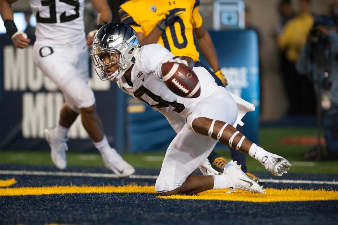 Oregon Ducks safety Jevon Holland (8) intercepts a pass in the end zone. Oregon Ducks Football takes on UC Berkeley at California Memorial Stadium on Sept. 29, 2018. (Devin Roux/Emerald)