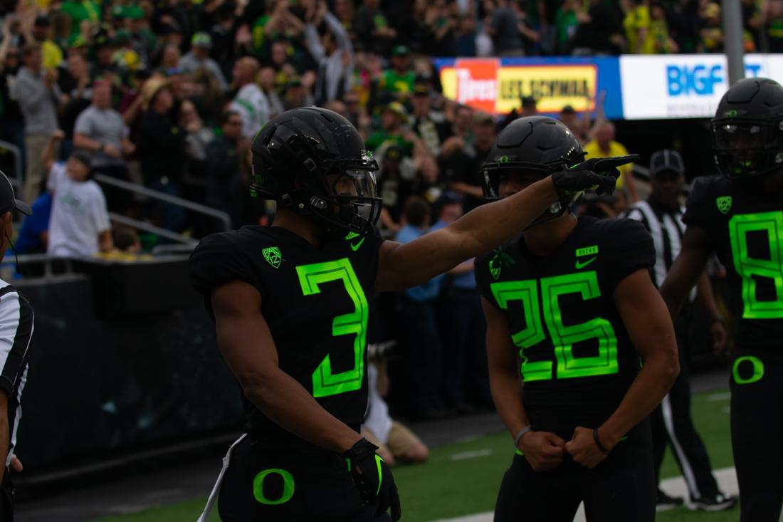 Oregon Ducks wide receiver Johnny Johnson III (3) celebrates scoring a touchdown. Oregon Ducks Football takes on San Jose State at Autzen Stadium on Sept. 15, 2018. (Henry Ward/Emerald)