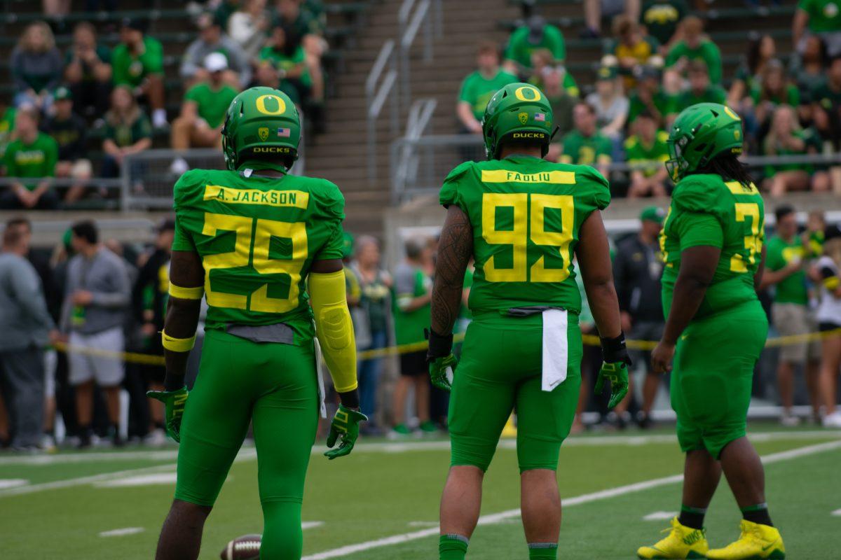 Freshman linebacker Adrian Jackson awaits the Portland State offense to line up during his first career start. (Emerald)