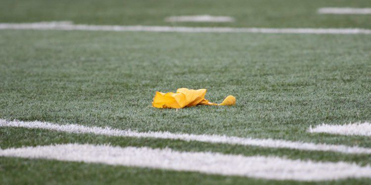 A referee throws a flag on the play for offsides. Oregon Ducks Football takes on Washington State University at Martin Stadium in Pullman, Wash. on Oct. 20, 2018. (Sarah Northrop/Emerald)