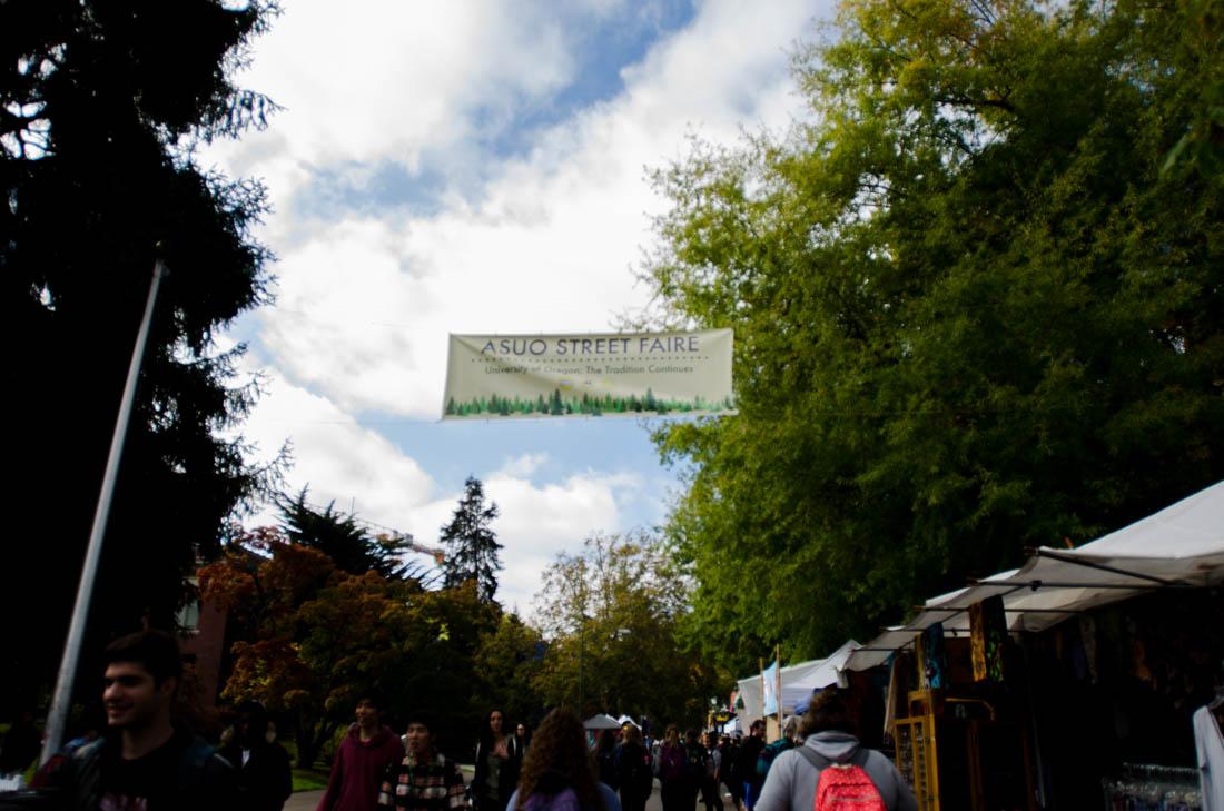 Students and visitors walk up and down 13th St. for the ASUO Street Faire. The ASUO Street Faire is held at the University of Oregon from Oct. 10-Oct. 12, 2018, in Eugene, Ore. (Madi Mather/Emerald)