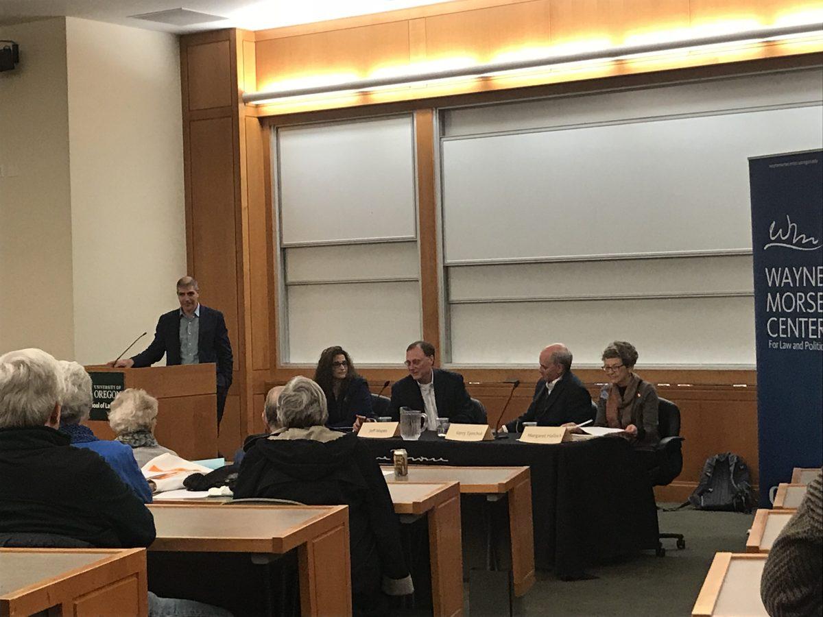 Panelists reflect on the Nov. 6 midterm election and what that means for politics going forward Monday night at the University of Oregon's School of Law. (Emily Matlock/Emerald)