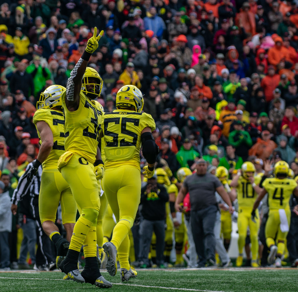 Oregon Ducks linebacker La'Mar Winson Jr. celebrates a missed field goal by Oregon State. Oregon Ducks football takes on the Oregon State University Beavers for the Civil War at Reser Stadium in Corvallis, Ore. on Nov. 23, 2018. (Henry Ward/Emerald)