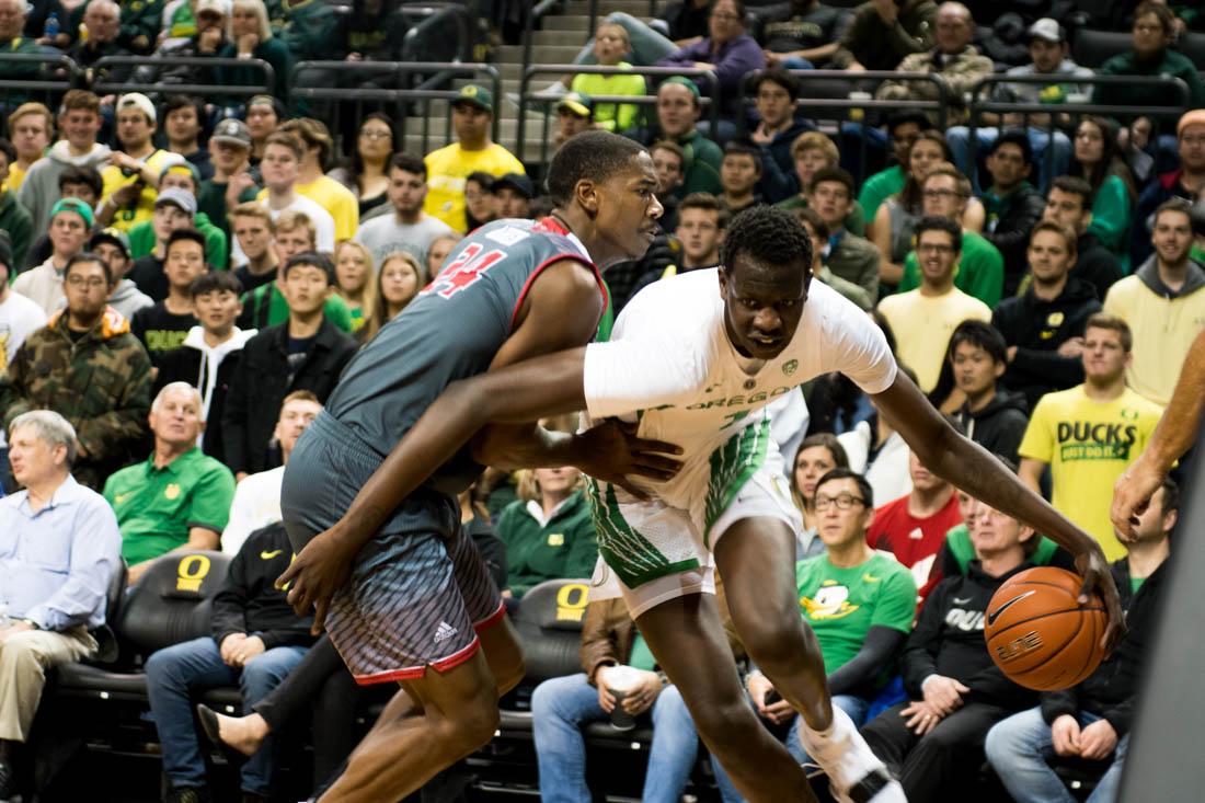 Bol Bol (#1), Center for the Ducks Basketball team struggles to pass the other team. Ducks Men&#8217;s Basketball hosts Eastern Washington Eagles at Matt Knight Arena in Eugene Ore. on Nov. 09, 2018. (Madi Mather/Emerald)