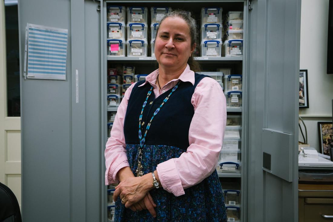 Dr. Frances White, professor of Anthropology 173 and department head of Anthropology, in the Primate Osteology Lab at the University of Oregon. (Dana Sparks/Emerald)