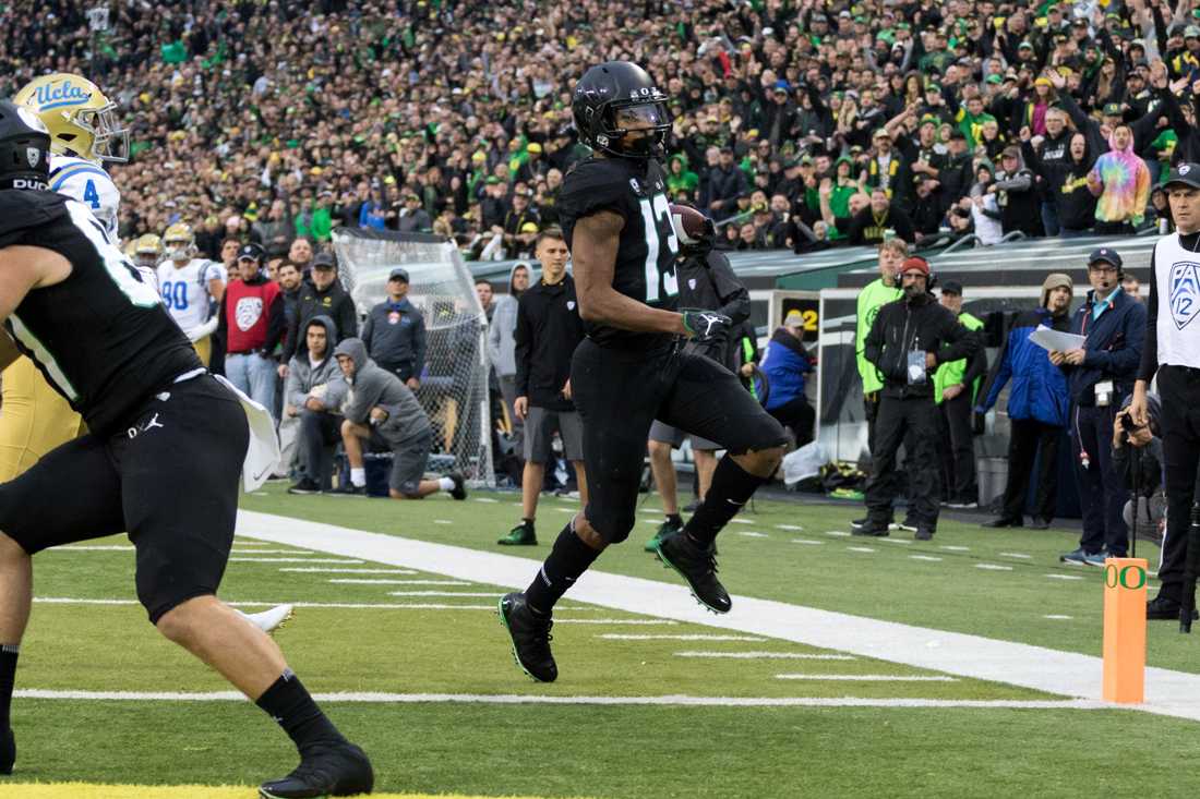 Ducks wide receiver Dillon Mitchell (13) walks into the endzone. Oregon Ducks Football takes on UCLA at Autzen Stadium in Eugene Ore. on Nov. 3, 2018. (Ben Green/Emerald)