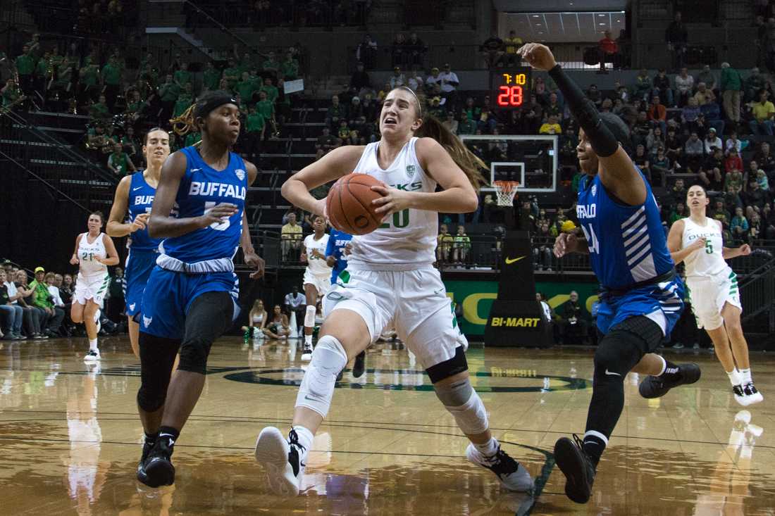 Ducks guard Sabrina Ionescu (20) drives towards the hoop. Oregon Ducks women's basketball takes on the Buffalo Bulls at Matthew Knight Arena in Eugene Ore. on Nov. 18, 2018. (Ben Green/Emerald)