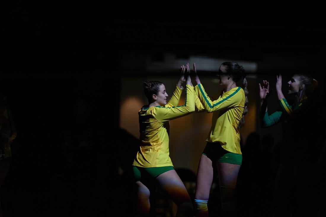 The Oregon Ducks are introduced at the start of the game. Oregon Ducks volleyball hosts Utah at Matt Knight Arena in Eugene Ore. on Nov. 14, 2018. (Devin Roux/Emerald)