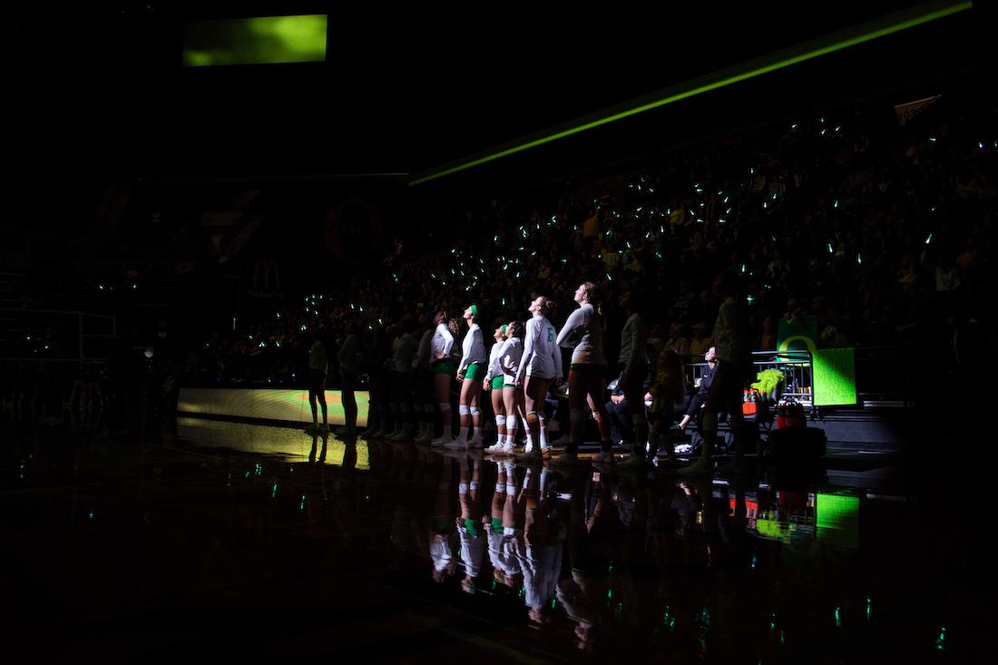 The Ducks are introduced at the start of the match. Oregon Ducks volleyball falls just short to Colorado during five-set final home match on Nov. 16, 2018. (Sarah Northrop/Emerald)