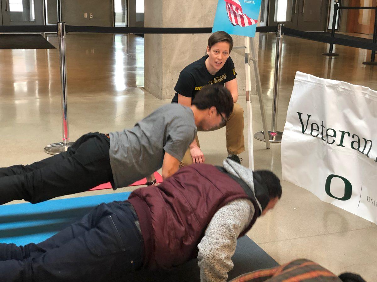 On November 13, the Student Veterans Center hosted Protect the 22 Push-up Challenge as part of Veterans Appreciation Week at the University of Oregon. (Dani Rosales / The Daily Emerald)