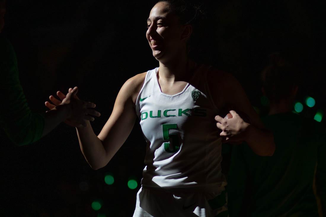 Oregon Ducks guard Maite Cazorla is introduced at the start of the game. Oregon Ducks women&#8217;s basketball hosts Syracuse at Matt Knight Arena in Eugene Ore. on Nov. 10, 2018. (Devin Roux/Emerald)