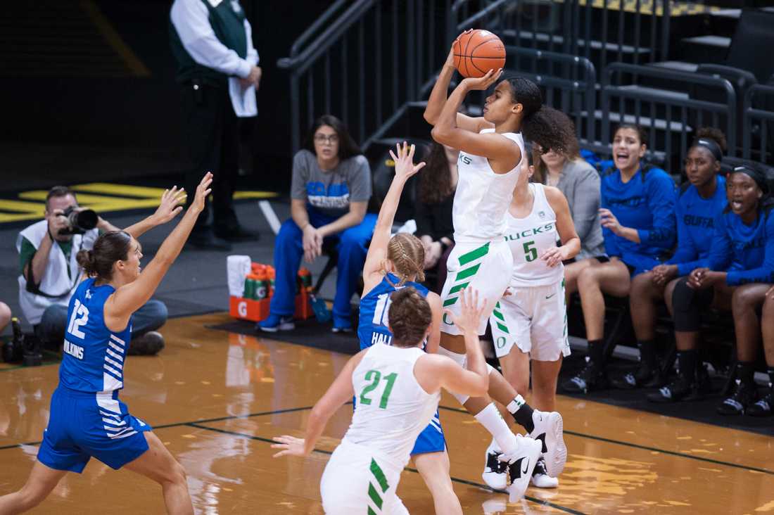 Ducks forward Satou Sabally (0) gains elevation during a jump shot. Oregon Ducks women's basketball takes on the Buffalo Bulls at Matthew Knight Arena in Eugene Ore. on Nov. 18, 2018. (Ben Green/Emerald)