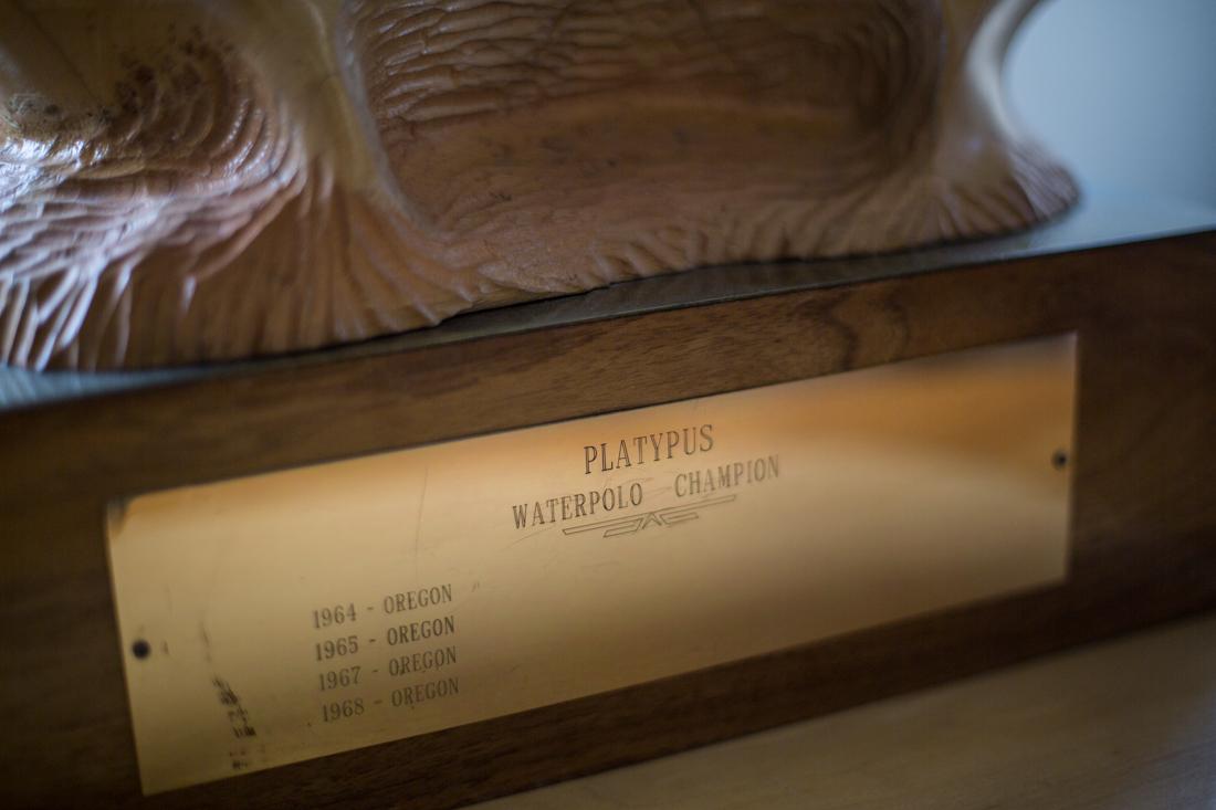 The Platypus Trophy has been stolen and found a several times. In 1986, the wooden platypus was spotted in the trophy in a case at Leighton Pool at UO as a trophy for the schools water polo Civil War. (Sarah Northrop/Emerald)