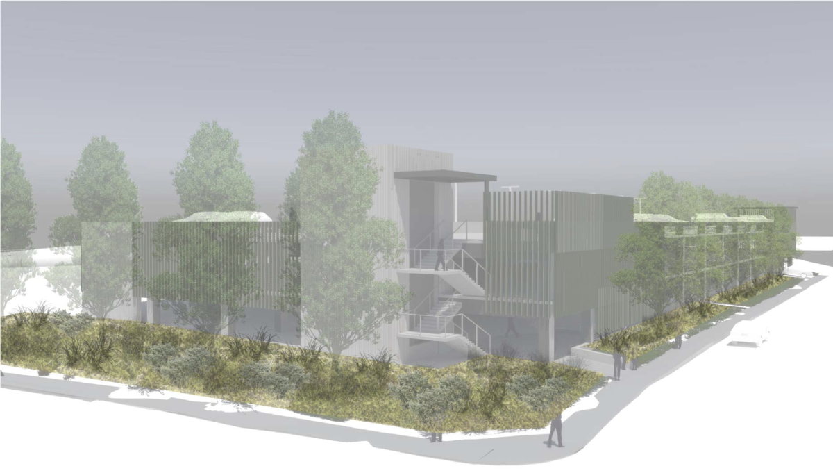 A preliminary rendering of the parking structure planned north of campus. The structure near the river will be between three and five stories, according to a permitting document. (Courtesy of the University of Oregon)