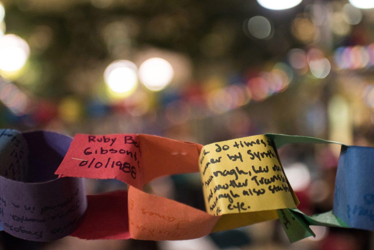 Each link on the paper chain is intended as a reminder of ongoing violence against transgender individuals.&#160;Eugene community members come together on the Transgender Day of Remembrance to honor those who have been lost to anti-trans violence on Nov. 20, 2018. (Marissa Willke/Emerald)