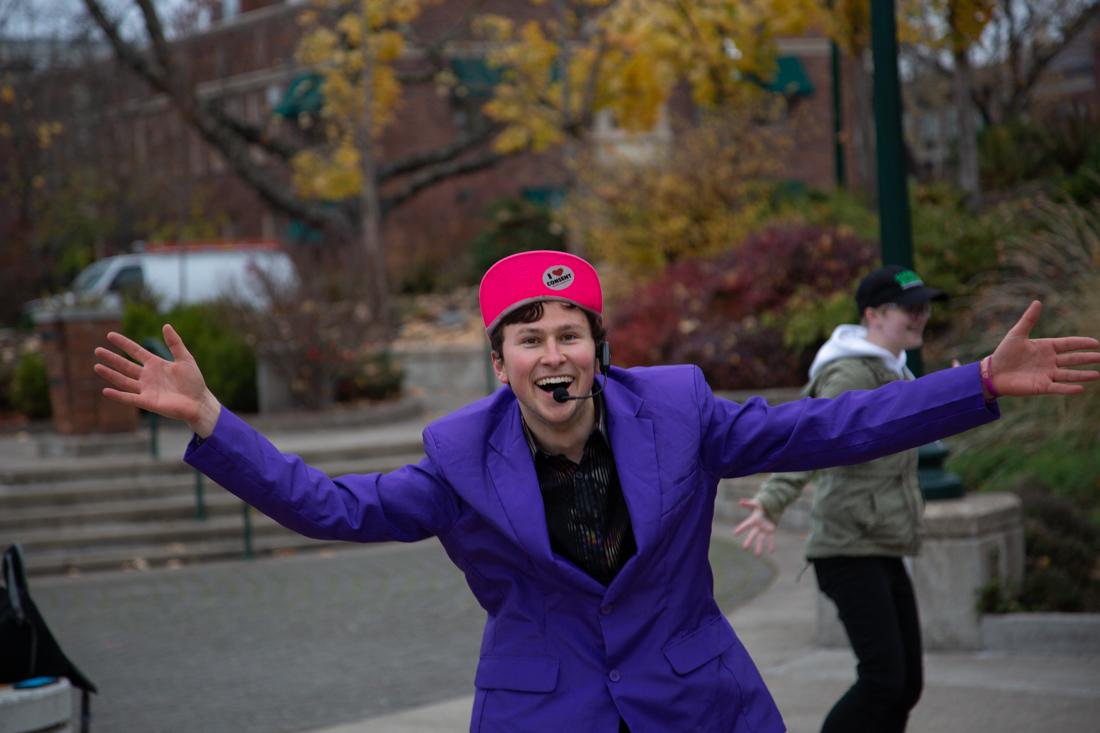 Party 4 Health's&#160;Jacques Martiquet leads a dance in front of the EMU as part of the group's "Party Sober All Over" project on Nov. 9, 2018. (Sarah Northrop/Emerald)