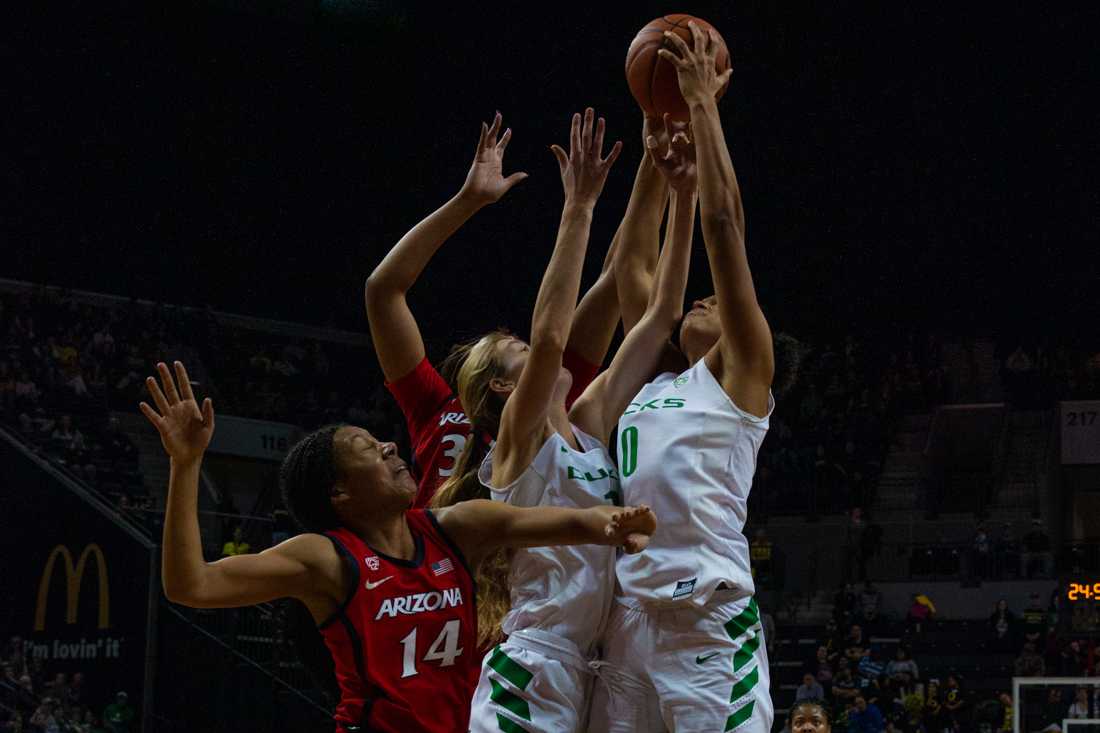 Ducks forward Satau Sabally (0) catches the rebound. Oregon Ducks women&#8217;s basketball takes on University of Arizona at Matthew Knight Arena in Eugene, Ore. on Jan. 20, 2019. (Maddie Knight/Emerald)