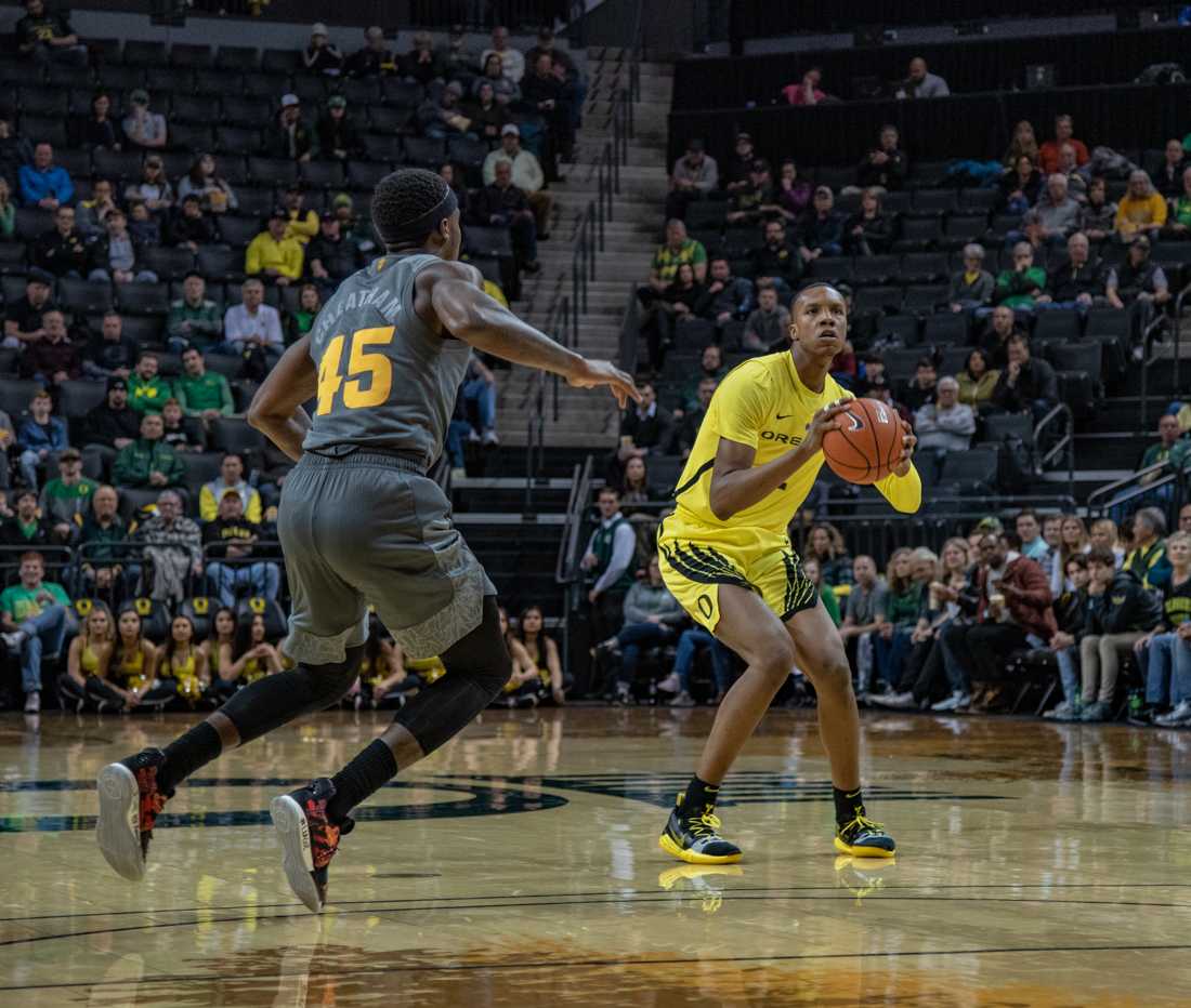 Ducks forward Louis King (2) takes the three point bomb. Oregon Ducks men&#8217;s basketball takes on Arizona State University at Matthew Knight Arena in Eugene, Ore. on Feb. 28, 2019. (Henry Ward/Emerald)