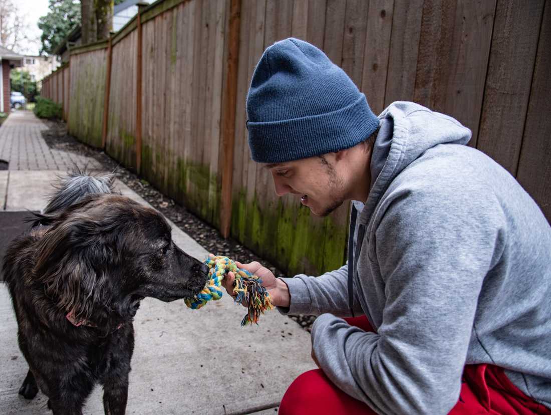 <p>Dakota plays a game of fetch with her owner Dylan. (Henry Ward/Daily Emerald)</p>