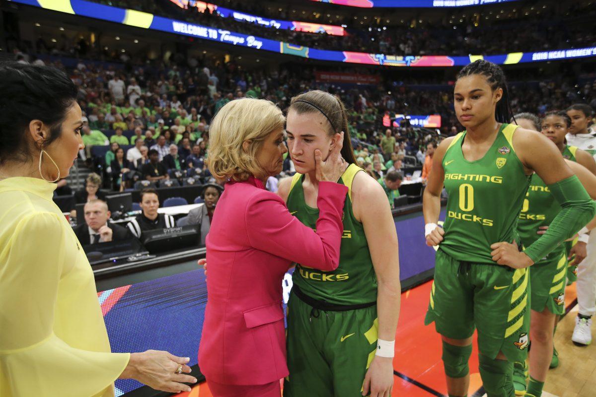 The Oregon Ducks take on the Baylor Bears in 2019 NCAA Women's Basketball Championships Final Four game at Amalie Arena in Tampa Bay, Florida on April 5, 2019 (Courtesy of Eric Evans/Oregon Athletics)