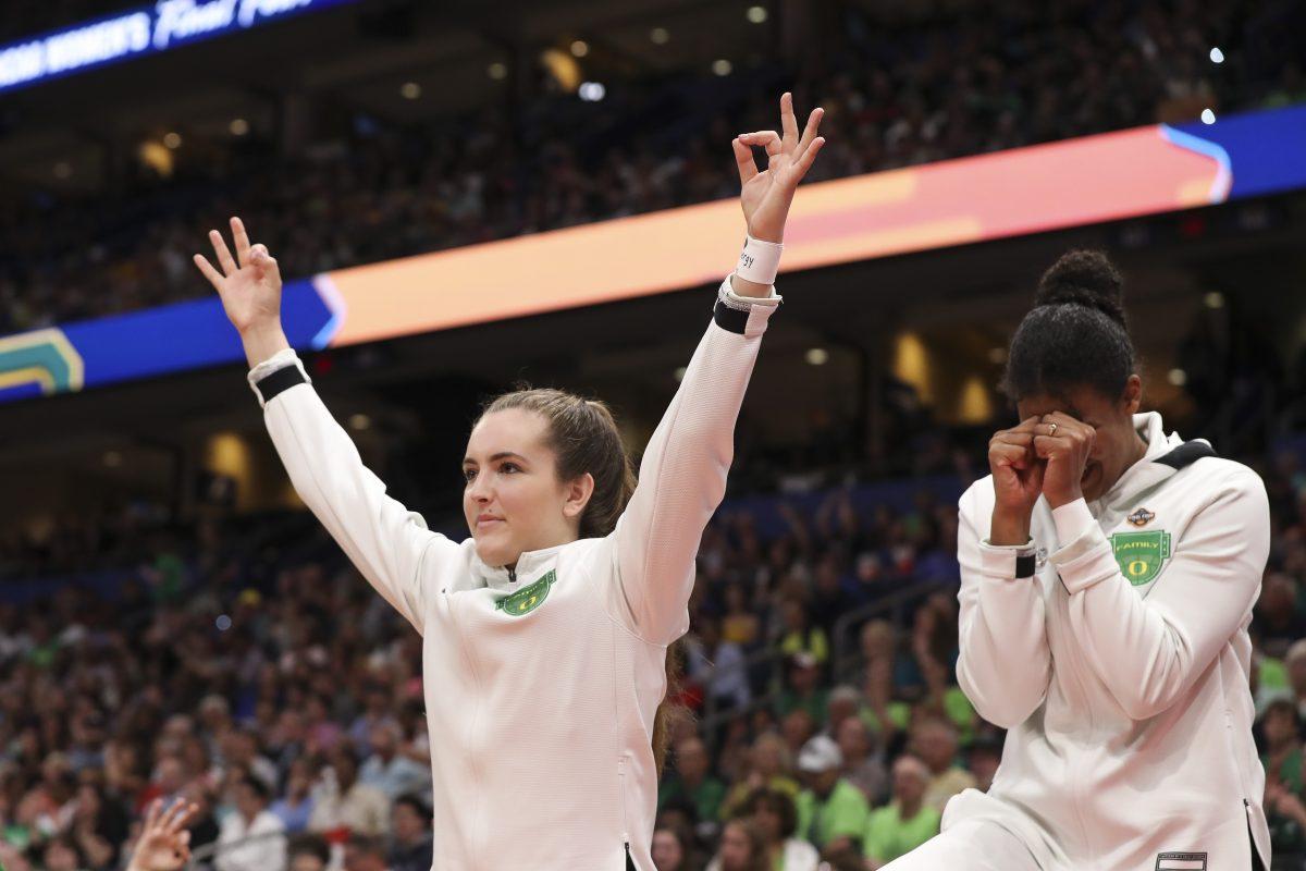 The Oregon Ducks take on the Baylor Bears in 2019 NCAA Women's Basketball Championships Final Four game at Amalie Arena in Tampa Bay, Florida on April 5, 2019 (Courtesy of Eric Evans/Oregon Athletics)