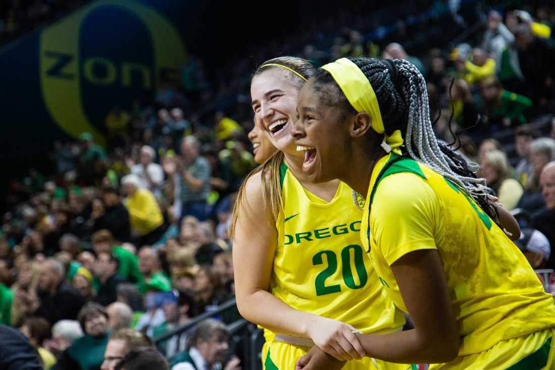 <p>Ducks guard Sabrina Ionescu (20) celebrates the victory with forward Ruthy Hebard (24). Oregon Ducks women’s basketball takes on Portland State University in the first round of the NCAA Championship at Matthew Knight Arena in Eugene, Ore. on March 22, 2019. (Sarah Northrop/Emerald)</p>