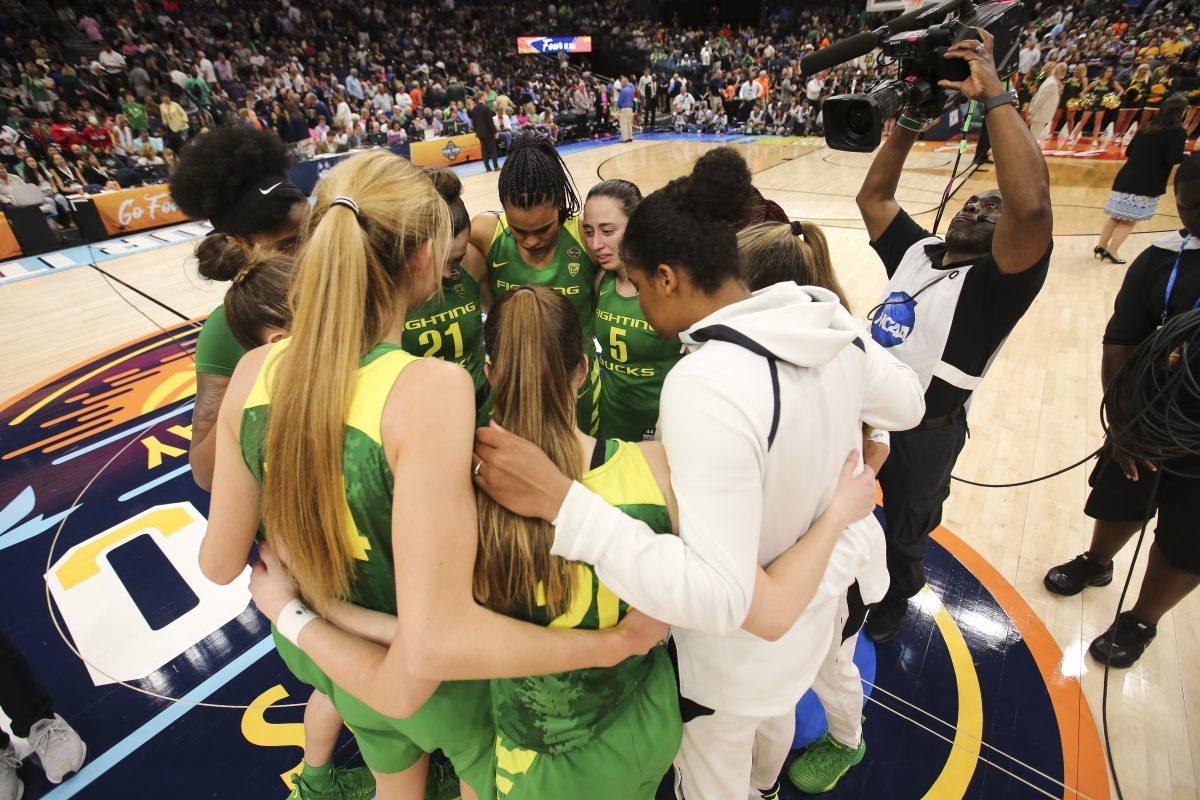 The Oregon Ducks take on the Baylor Bears in 2019 NCAA Women's Basketball Championships Final Four game at Amalie Arena in Tampa Bay, Florida on April 5, 2019 (Courtesy of Eric Evans/Oregon Athletics)