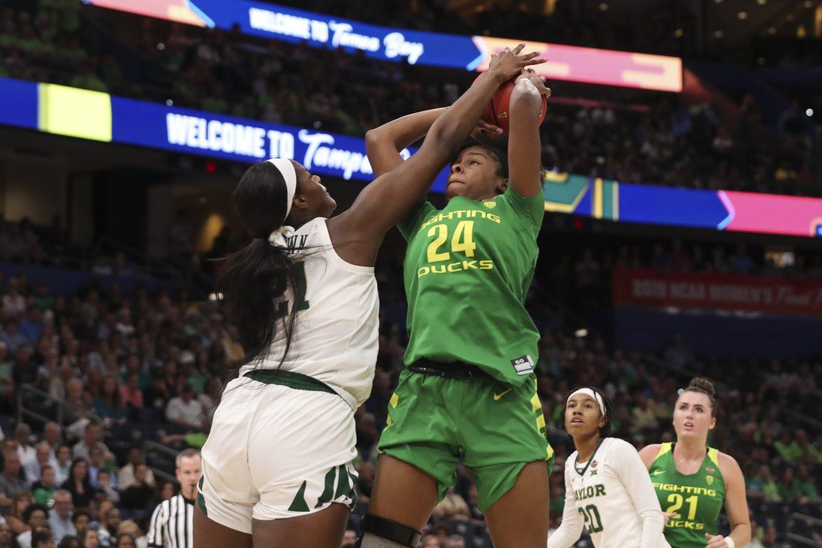 The Oregon Ducks take on the Baylor Bears in 2019 NCAA Women's Basketball Championships Final Four game at Amalie Arena in Tampa Bay, Florida on April 5, 2019 (Courtesy of Eric Evans/Oregon Athletics)