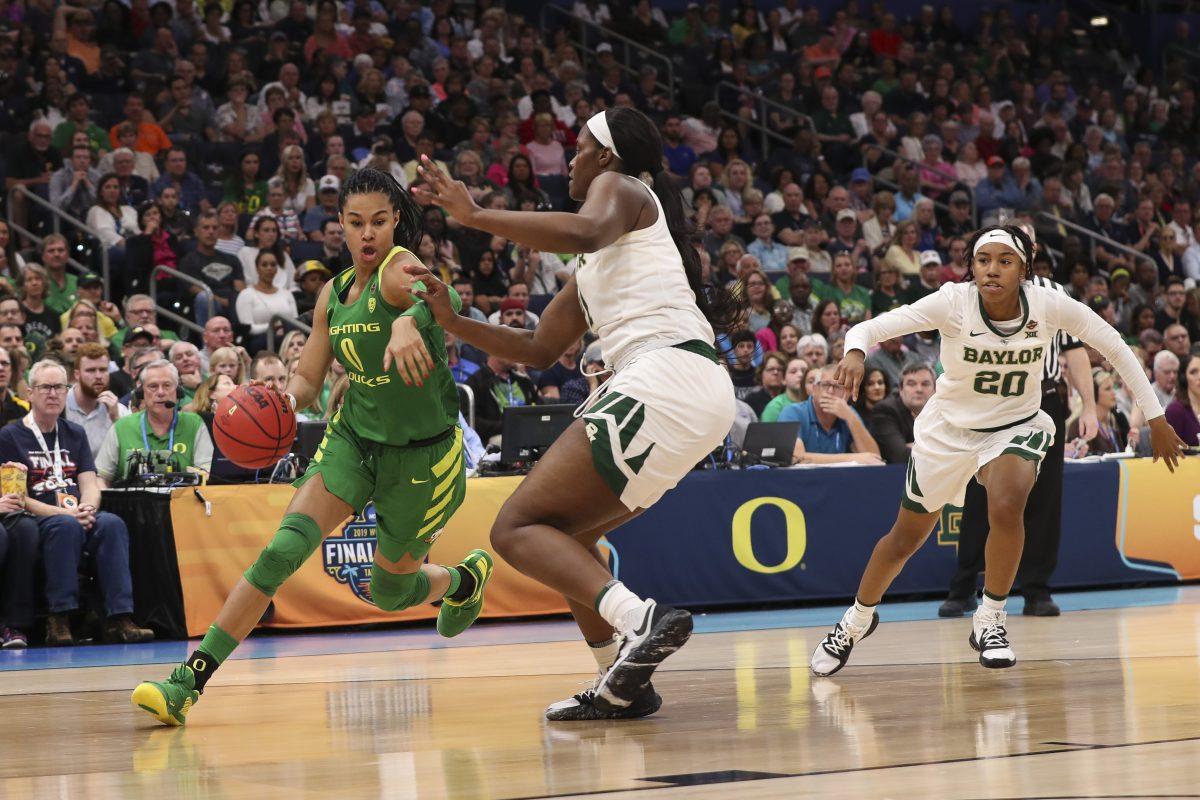 The Oregon Ducks take on the Baylor Bears in 2019 NCAA Women's Basketball Championships Final Four game at Amalie Arena in Tampa Bay, Florida on April 5, 2019 (Courtesy of Eric Evans/Oregon Athletics)