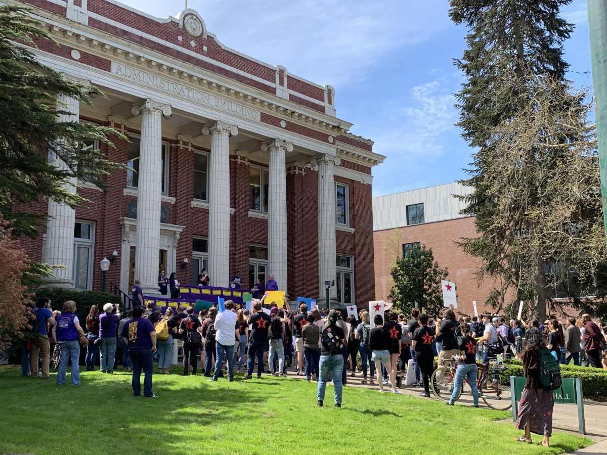 GTFF members and allies rally outside of Johnson Hall on April 18, 2019 to show solidarity for the negotiation efforts with a state mediator set to step in on April 26. (Emerald Archives)