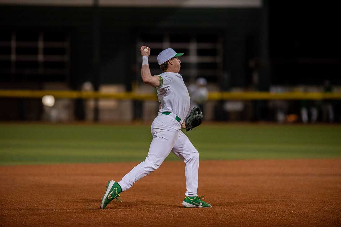 Oregon Ducks infielder Spencer Steer makes the play at first. Oregon Ducks baseball takes on University of Washington at PK Park in Eugene, Ore. on Mar. 15, 2019. (Henry Ward/Emerald)