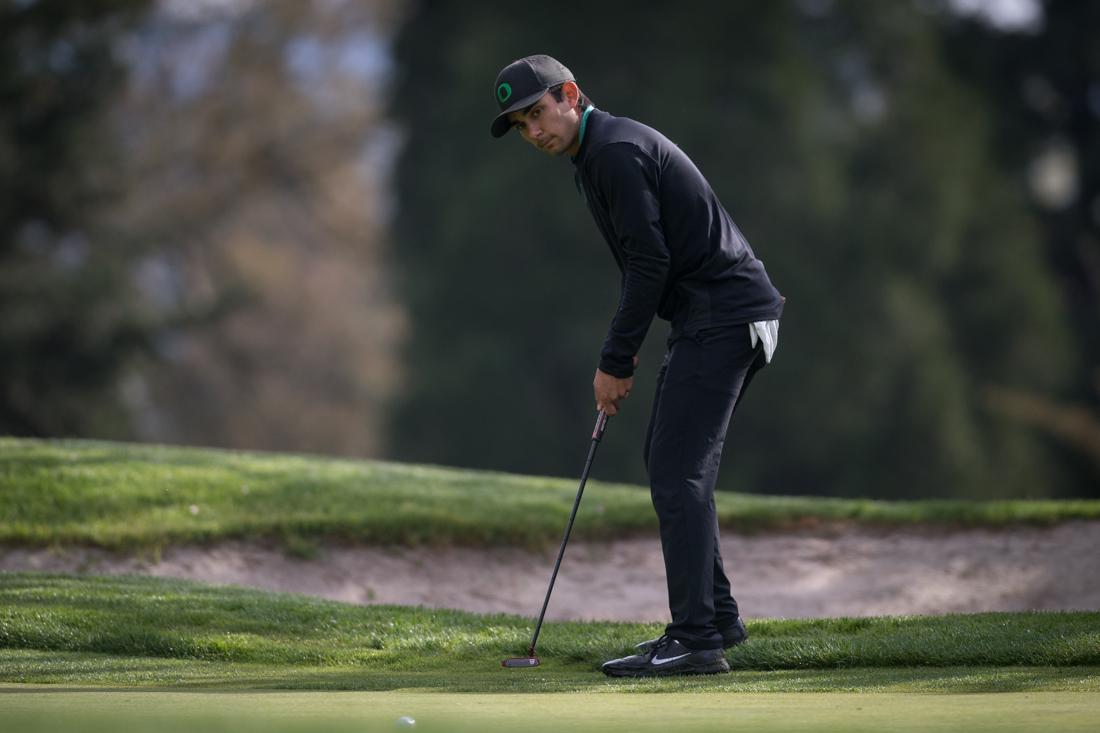 Redshirt Senior Ryan Gronlund puts the ball. Oregon Ducks men's golf plays in the Pac-12 Championships at Eugene Country Club in Eugene, Ore. on April 22, 2019. (Ben Green/Emerald)