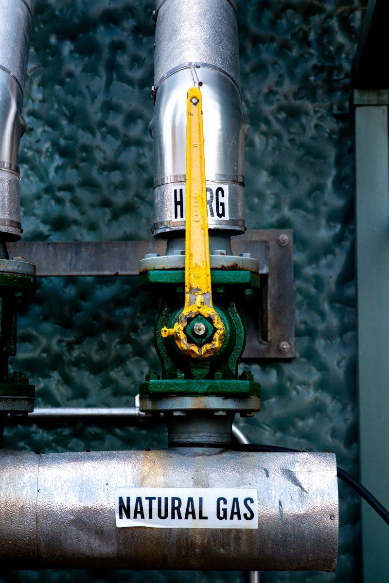 Several pipes within the University of Oregon Central Power Station are labeled &#8220;natural gas.&#8221; (Maddie Knight/Emerald)