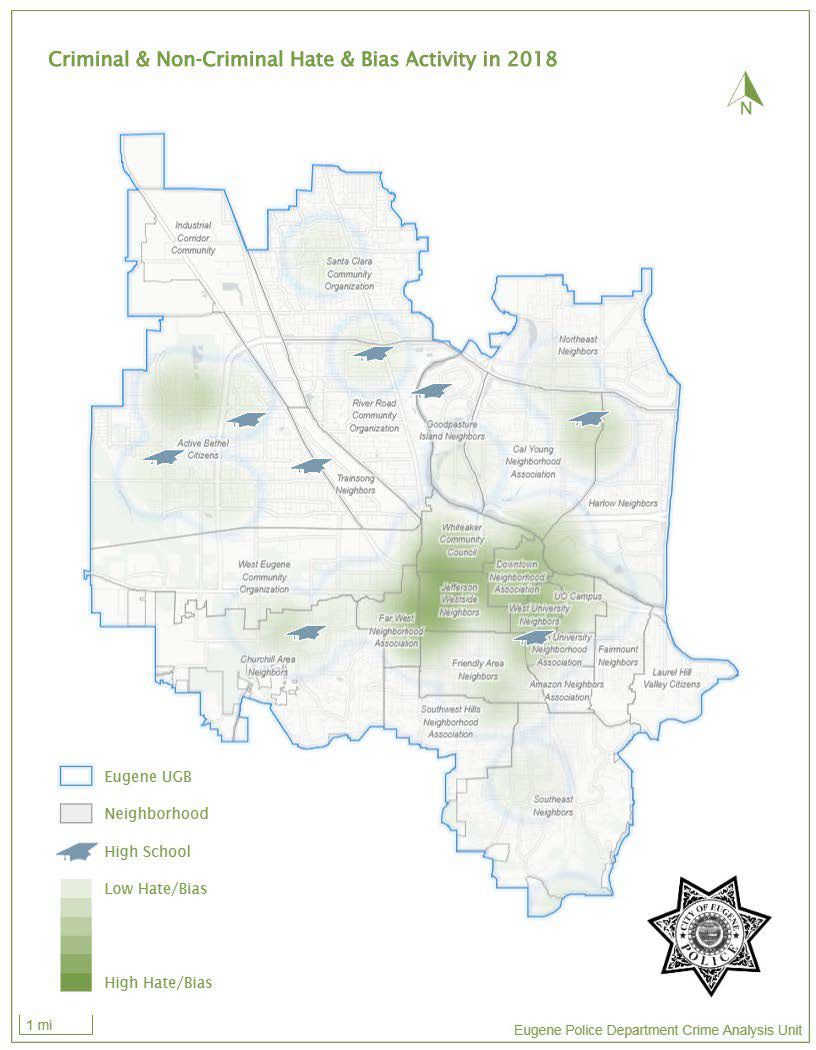 Areas where bias and hate crime activity occurred during 2018 in Eugene. Dark green areas had more frequent incident reports. (Courtesy of City of Eugene)