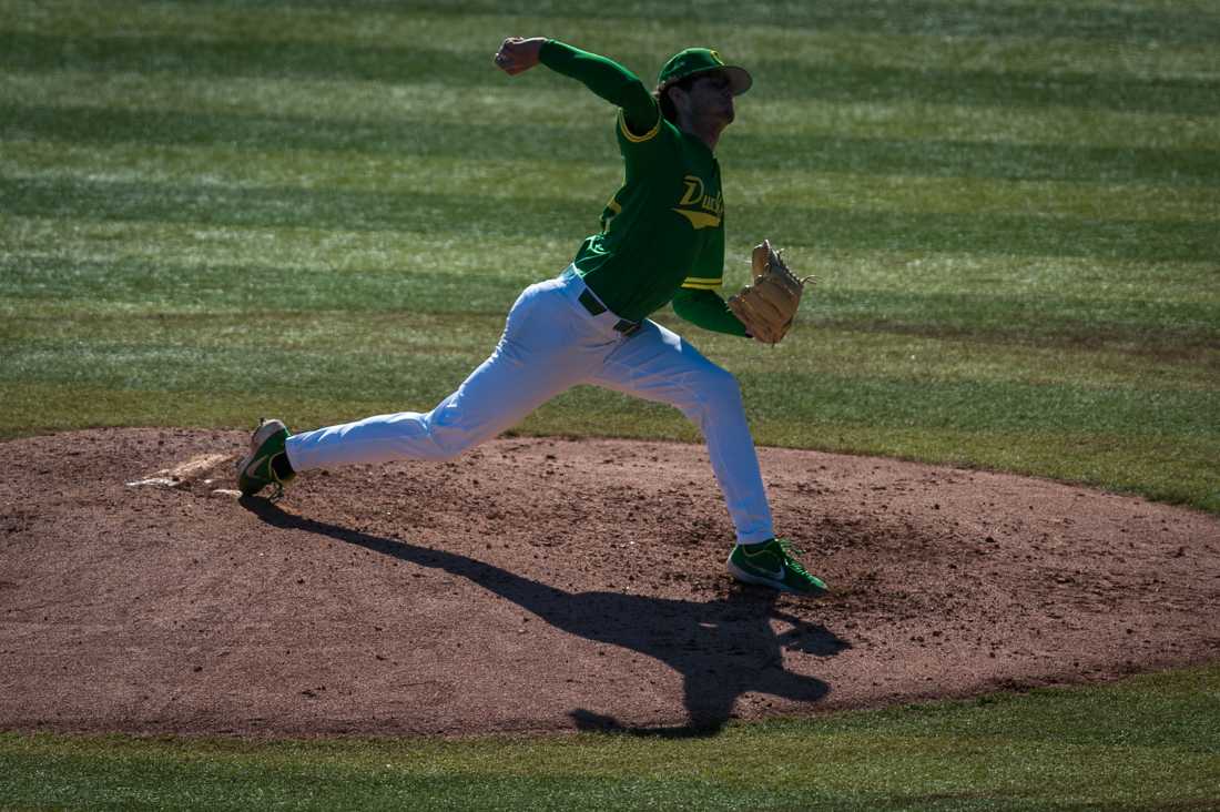 <p>Ducks right-handed pitcher Ryne Nelson (29) throws the ball. Oregon Ducks baseball takes on Loyola Marymount University at PK Park in Eugene, Ore. on Mar. 03, 2019. (Ben Green/Emerald)</p>