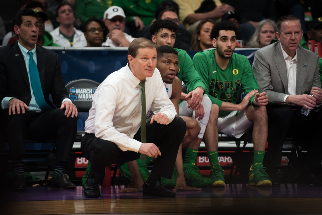 Ducks head coach Dana Altman advises his team from the sidelines. Oregon Ducks men's basketball takes on University of California Irvine at SAP Center in San Jose, Calif. on March 24, 2019. (Ben Green/Emerald)