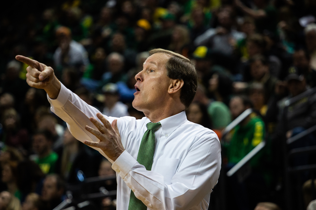 <p>Oregon men's basketball head coach Dana Altman gives directions to his team during the game against Oregon State University on Jan. 5, 2019. (Sarah Northrop/Emerald)</p>