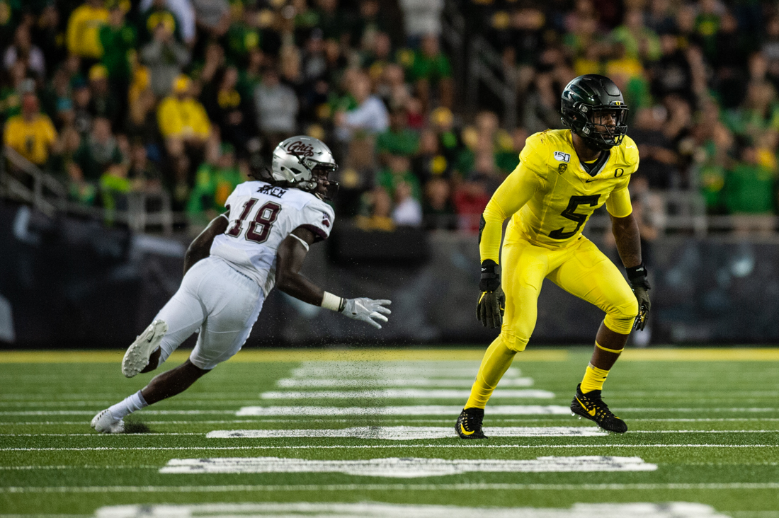 Ducks defensive end Kayvon Thibodeaux (5) looks out for an opening. Oregon Ducks Football takes on the Montana Grizzlies at Autzen Stadium in Eugene, Ore. on Sept. 14, 2019. (Sarah Northrop/Emerald)