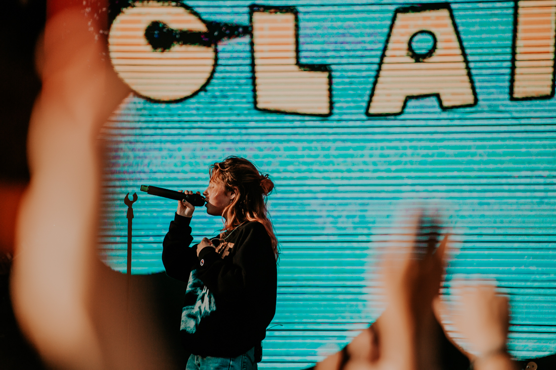 Clairo performs on the main stage at the Memorial Stadium. The 2019 Bumbershoot takes place in Seattle Center on Aug. 31-Sept. 2, 2019. (Sarah Northrop)